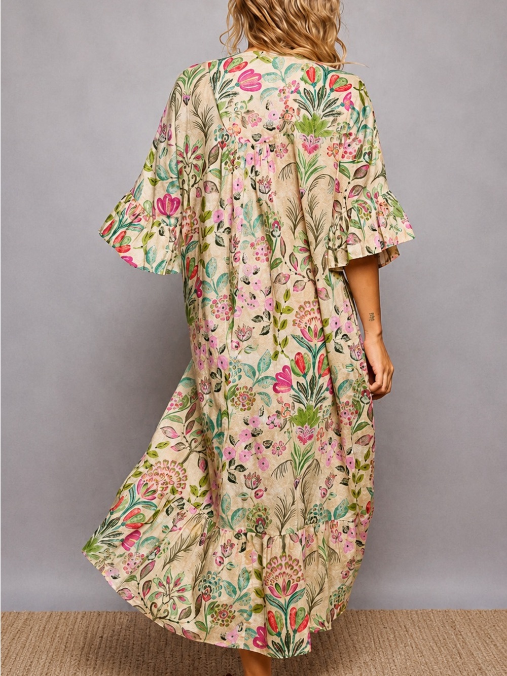 Floral V-Neck Maxi Dress in Beige and Pink - Picture 2 of 3